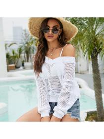 Outlet Summer new long-sleeved pullover thin knitted blouse casual loose V-neck hollow knitted Top