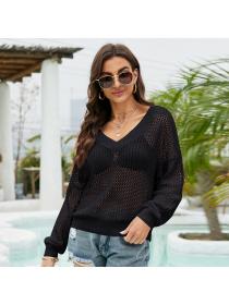 Outlet Summer new long-sleeved pullover thin knitted blouse casual loose V-neck hollow knitted Top