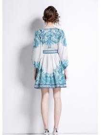 Outlet Blue elegant frenum V-neck short printing temperament dress