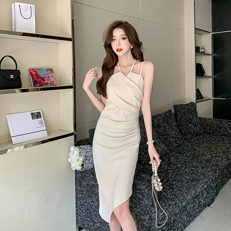 Outlet Irregular fashion pinched waist strap dress halter fold dress