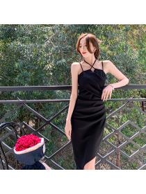 Outlet Irregular fashion pinched waist strap dress halter fold dress