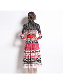Outlet Pleated printing pinched waist ladies slim dress