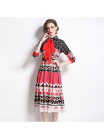 Outlet Pleated printing pinched waist ladies slim dress