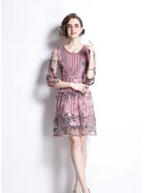 Outlet Long round neck embroidery gauze fashion lace dress