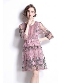 Outlet Long round neck embroidery gauze fashion lace dress