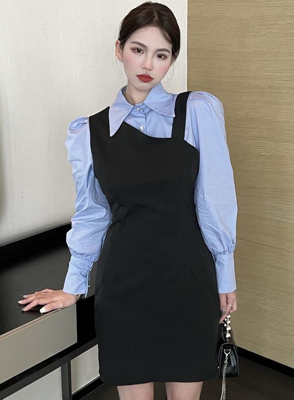Polo collar shirt black irregular suspender skirt two-piece set
