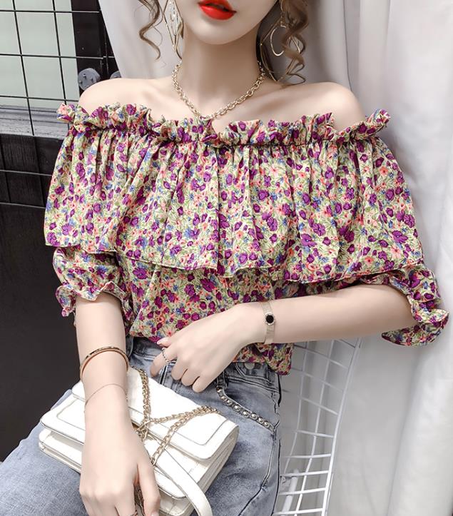 French sweet floral round neck high waist slim puff sleeve Top