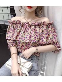 French sweet floral round neck high waist slim puff sleeve Top