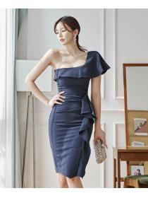 Korean  Style  sexy temperament slim sloping shoulder ruffled fashion hip dress