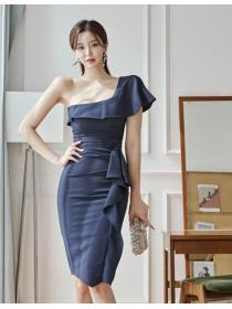 Korean  Style  sexy temperament slim sloping shoulder ruffled fashion hip dress