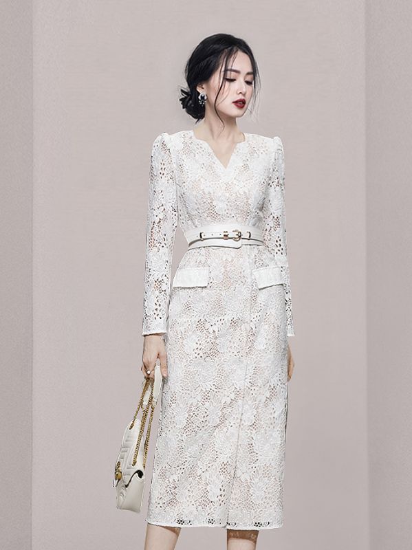 Korean version v-neck slim long-sleeved lace ladies dress