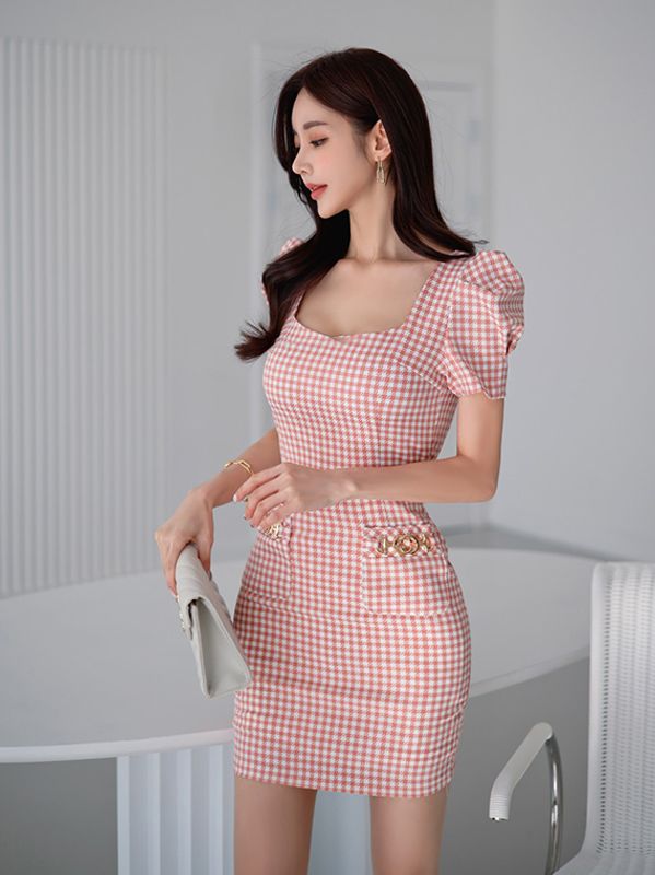 Korean Style retro plaid temperament square collar high waist slim slimming hip dress
