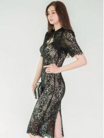 On Sale temperament V-neck slim lace all-match lace hip dress