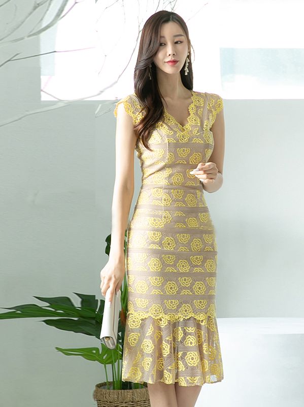 Korean style temperament slim vest suspender lace mid-length fishtail dress