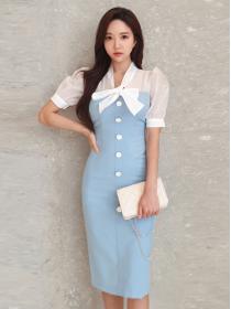 Tulle stitching bow tube top straight-breasted slim bag hip fashion dress