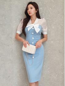 Tulle stitching bow tube top straight-breasted slim bag hip fashion dress