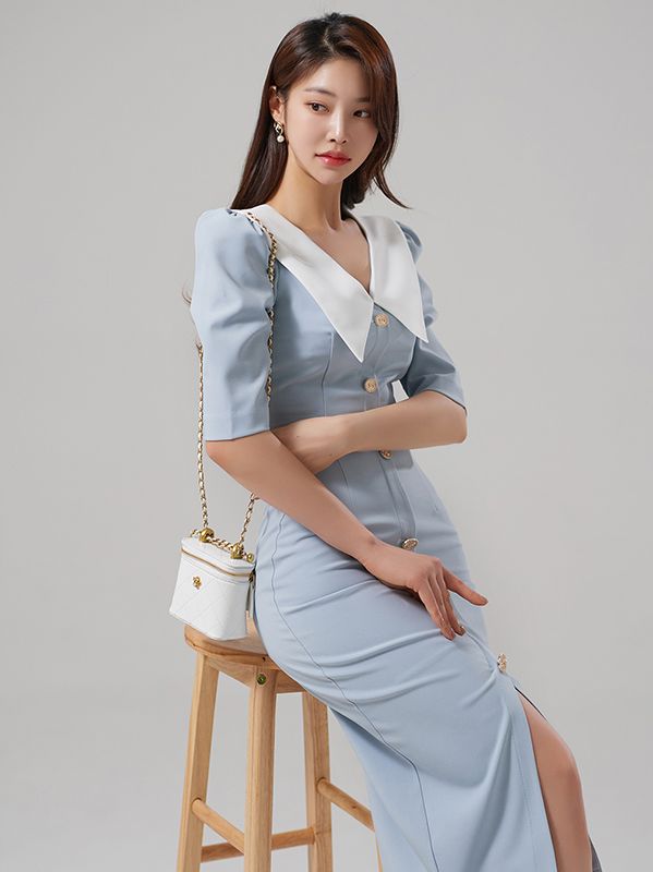 Korean style fashionable temperament V-neck  Slim 2pcs  Dress