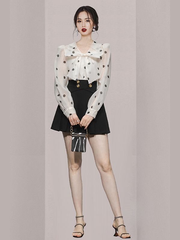 Korean style bow puff sleeves long-sleeved polka dot shirt   hips  slim temperament skirt