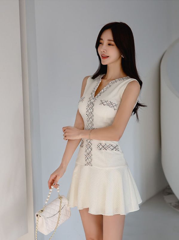 Korean style coarse cloth plaid colorblock V-neck sleeveless hip loose dress