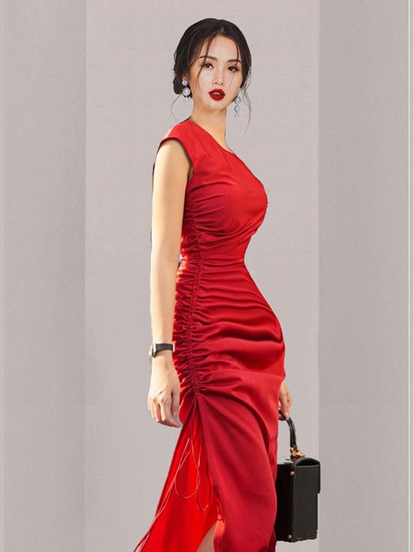 Round neck sleeveless side slit pleated drawstring high waist elegant  dress