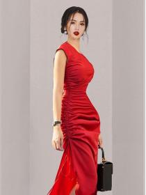 Round neck sleeveless side slit pleated drawstring high waist elegant  dress