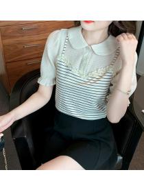 Fashion Sweet Fresh Stripe Doll Collars T-shirt 