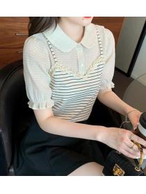 Fashion Sweet Fresh Stripe Doll Collars T-shirt 