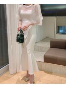 On Sale Gauze Matching Pure Color Horn Sleeve Dress 