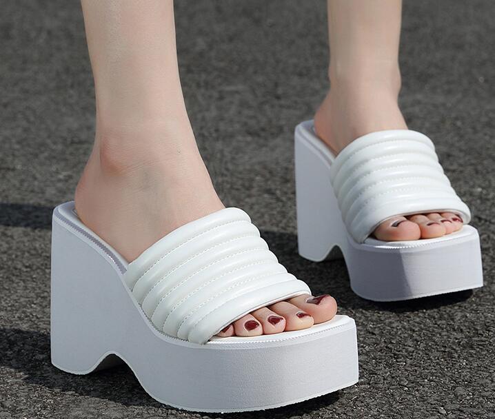 Outlet Wedge heel korean style platform high heel  square toe slippers