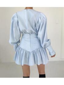 Korean Style Pure Color Drape Blouse +High Waist Ruffle Skirt