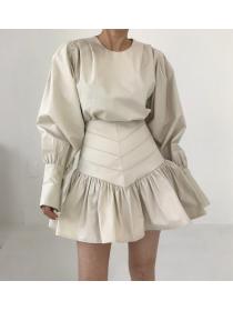 Korean Style Pure Color Drape Blouse +High Waist Ruffle Skirt