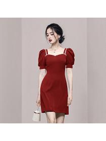 Outlet Pearl temperament fashion puff sleeve V-neck dress