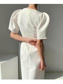 V-neck pleated waist slimming with slit hem design   long dress