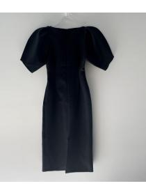 V-neck pleated waist slimming with slit hem design   long dress