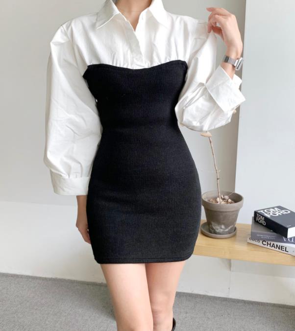 Korean Style Color Matching Horn Sleeve Dress