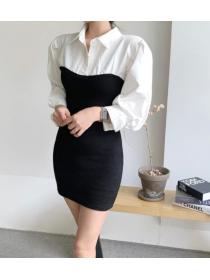 Korean Style Color Matching Horn Sleeve Dress