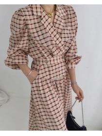 Korean Style V  Collars Grid Printing Dress 