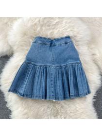 Outlet Pleated summer skirt slim denim short skirt for women