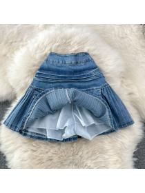 Outlet Pleated summer skirt slim denim short skirt for women