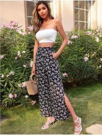 Summer black Floral print pants split high waist pants for women