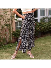 Summer black Floral print pants split high waist pants for women