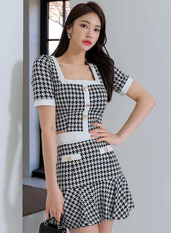 On Sale Houndstooth Printing square collar ruffles Suits