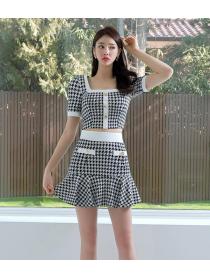 On Sale Houndstooth Printing square collar ruffles Suits 