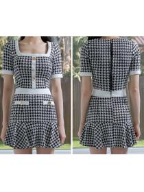 On Sale Houndstooth Printing square collar ruffles Suits 
