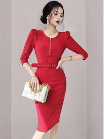 Korean style simple temperament slim mid-length professional dress  