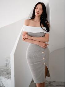 Korean Style Splicing Contrast Color One-Line Neck Slim Fit Straight Breasted Slit Pack Hip Dress