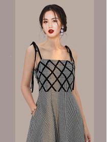 Korean Style  temperament retro bow shoulder strap diamond   dress
