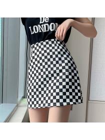 Summer new checkerboard high waist  short a-line skirt