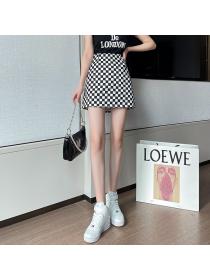 Summer new checkerboard high waist  short a-line skirt