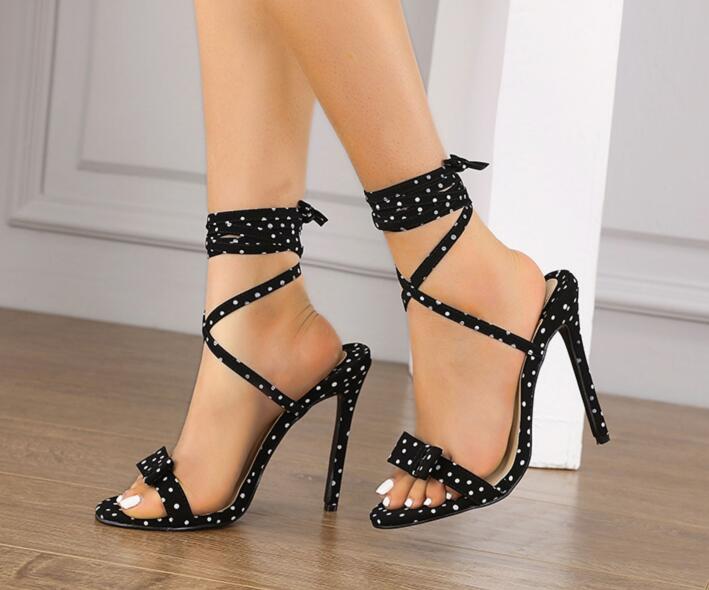 Outlet European fashion black spots comfortable 12 cm high-heeled sandals